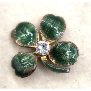 Vintage Brass & Green Enamel Clover Pin